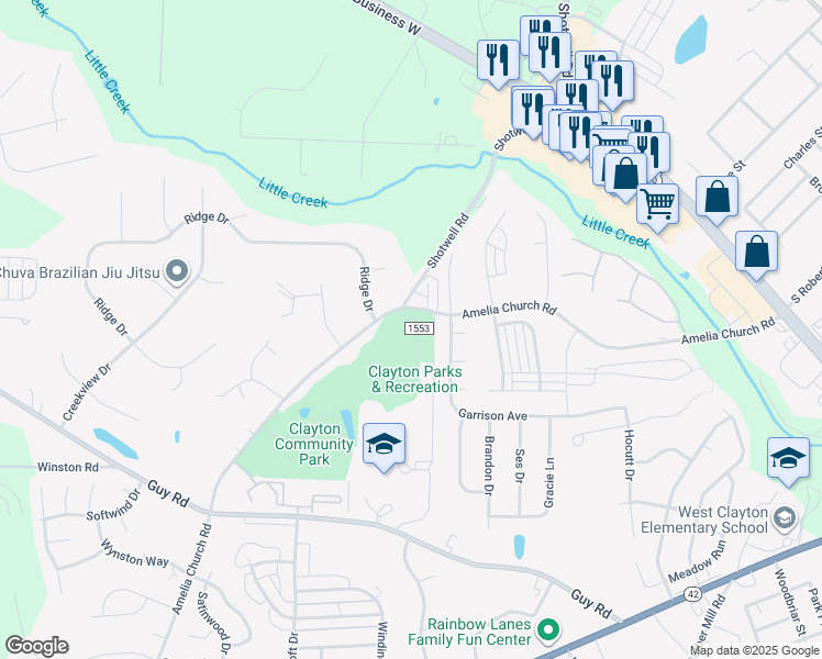 map of restaurants, bars, coffee shops, grocery stores, and more near 715 Amelia Church Road in Clayton