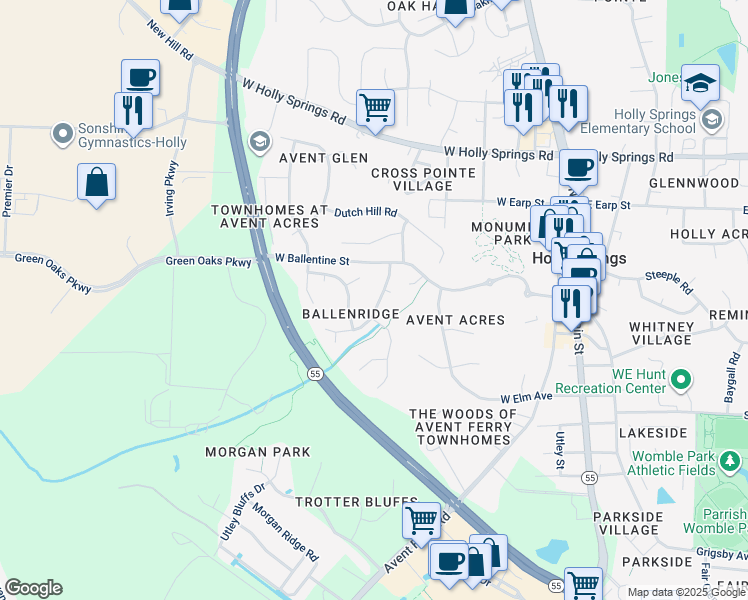 map of restaurants, bars, coffee shops, grocery stores, and more near 208 Sturminster Drive in Holly Springs