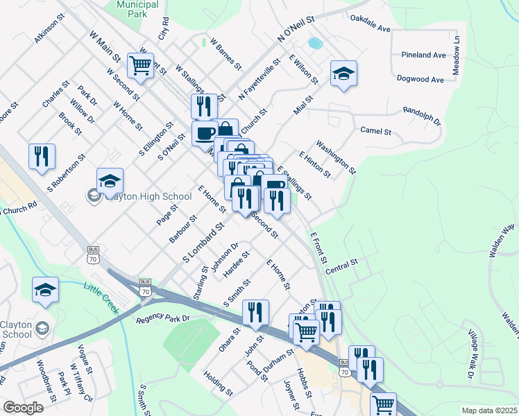 map of restaurants, bars, coffee shops, grocery stores, and more near in Clayton