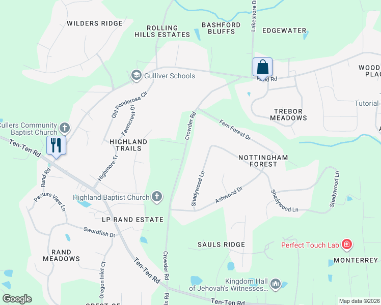 map of restaurants, bars, coffee shops, grocery stores, and more near 8424 Crowder Road in Raleigh