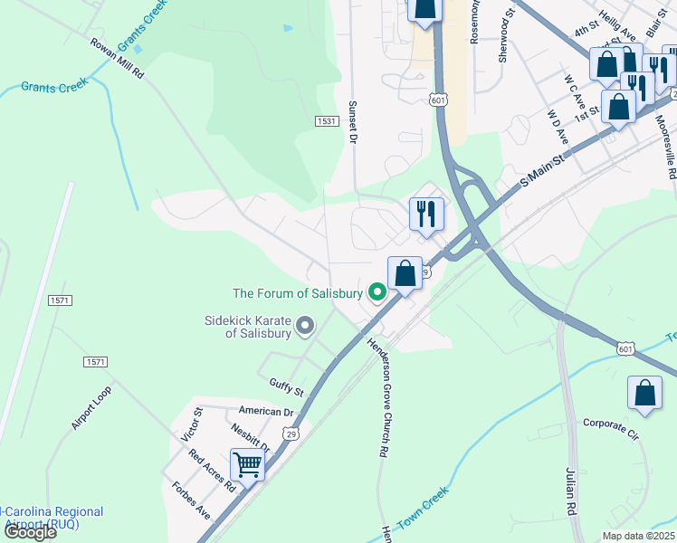 map of restaurants, bars, coffee shops, grocery stores, and more near 236 Rowan Mill Road in Salisbury