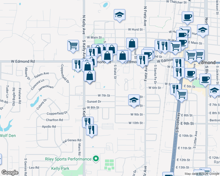 map of restaurants, bars, coffee shops, grocery stores, and more near 620 W Edmond Rd in Edmond