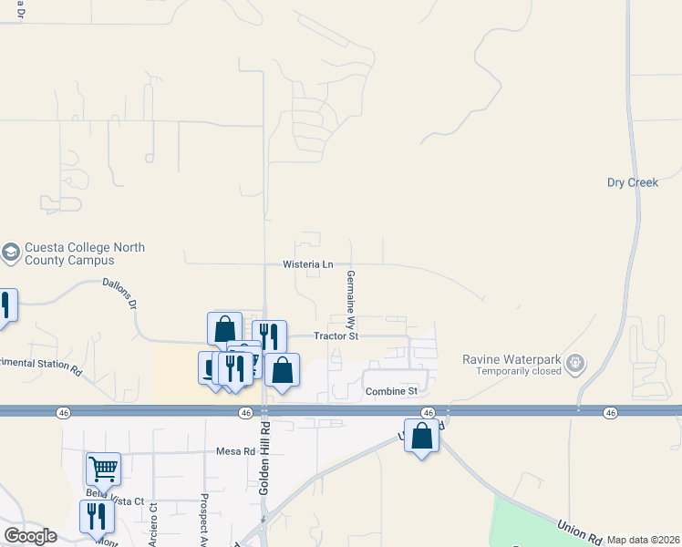 map of restaurants, bars, coffee shops, grocery stores, and more near Wisteria Lane in Paso Robles