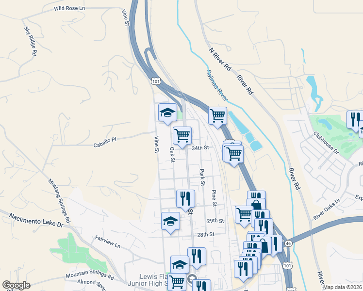 map of restaurants, bars, coffee shops, grocery stores, and more near 3411 Spring Street in Paso Robles