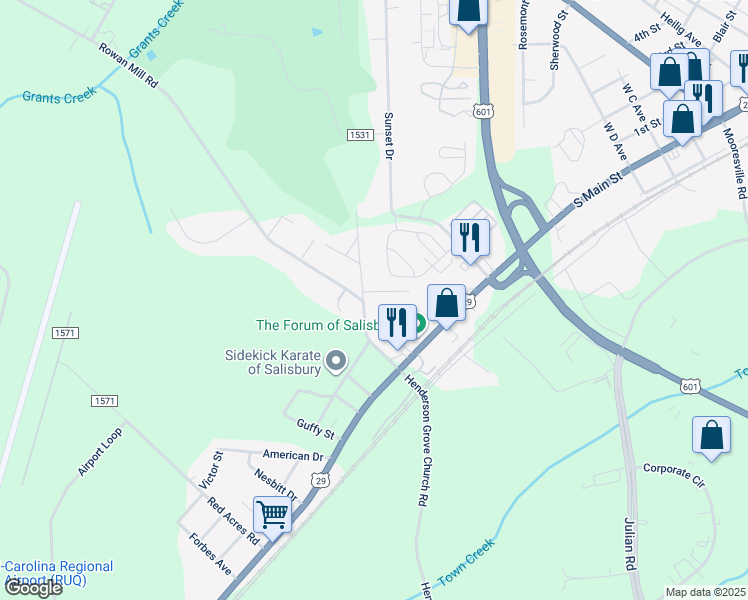 map of restaurants, bars, coffee shops, grocery stores, and more near 236 Rowan Mill Road in Salisbury