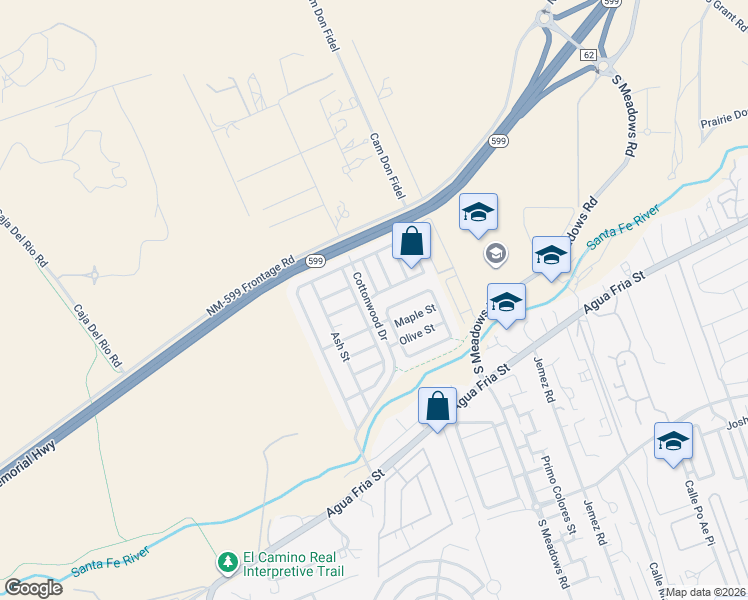 map of restaurants, bars, coffee shops, grocery stores, and more near Cottonwood Dr in Santa Fe