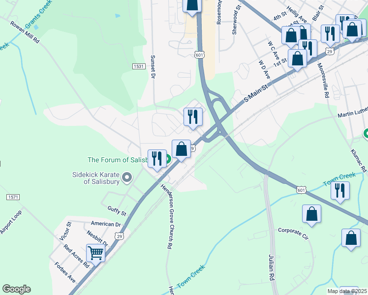 map of restaurants, bars, coffee shops, grocery stores, and more near 2304 South Main Street in Salisbury