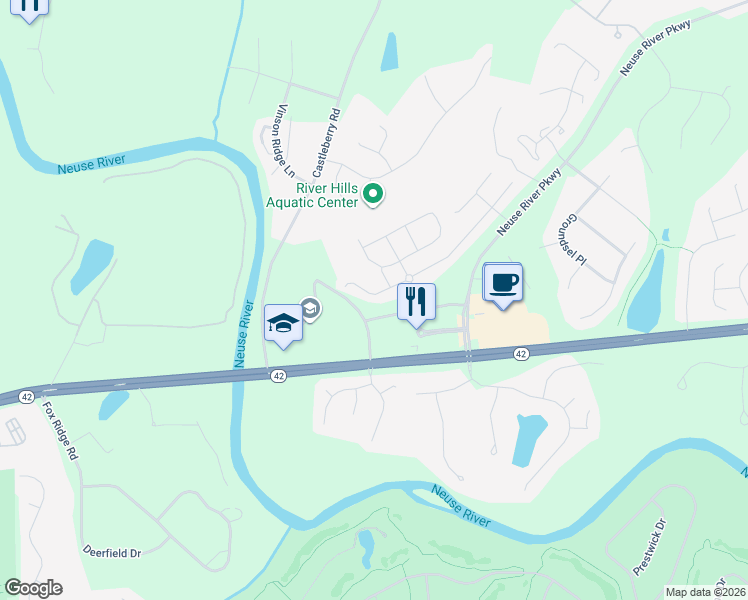 map of restaurants, bars, coffee shops, grocery stores, and more near 365 Wrenwood Drive in Clayton