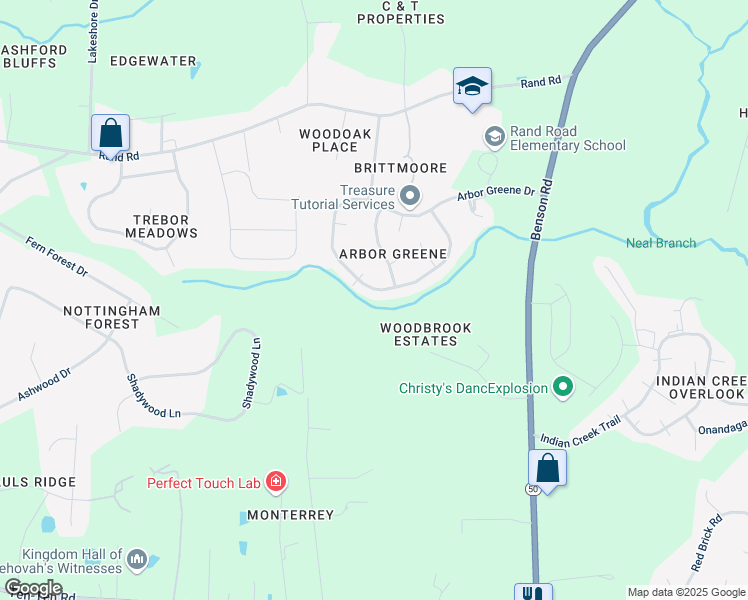 map of restaurants, bars, coffee shops, grocery stores, and more near 1126 Arbor Greene Drive in Garner