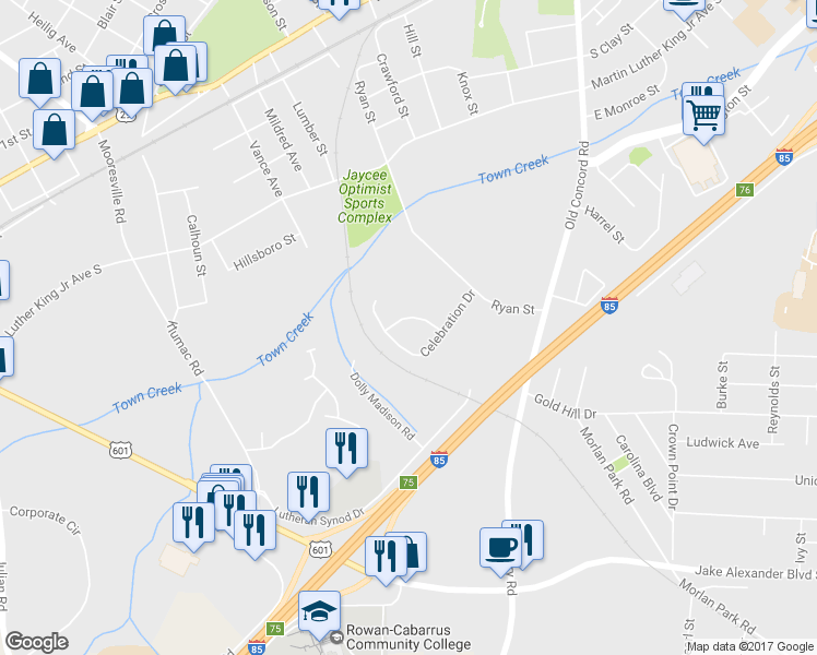 map of restaurants, bars, coffee shops, grocery stores, and more near 818 Carpenters Circle in Salisbury
