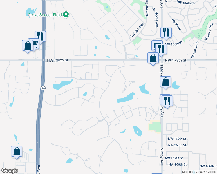 map of restaurants, bars, coffee shops, grocery stores, and more near Prairie Sky Way in Edmond