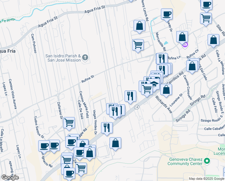 map of restaurants, bars, coffee shops, grocery stores, and more near 36 Atocha Road in Santa Fe
