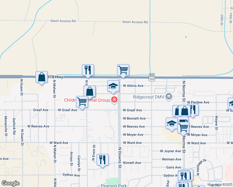 map of restaurants, bars, coffee shops, grocery stores, and more near 921 West Atkins Avenue in Ridgecrest