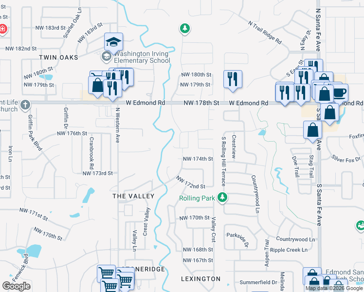 map of restaurants, bars, coffee shops, grocery stores, and more near 17613 Hampton Park Drive in Edmond