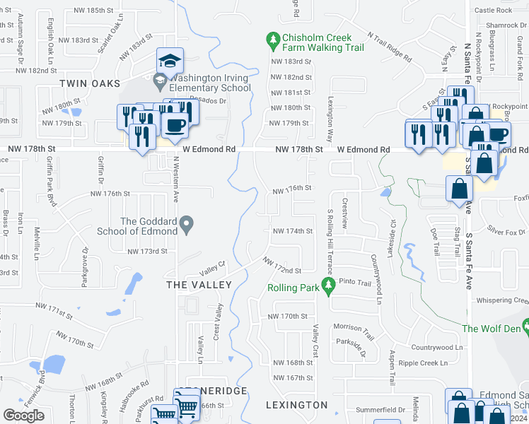 map of restaurants, bars, coffee shops, grocery stores, and more near 17605 Sunny Hollow Road in Edmond