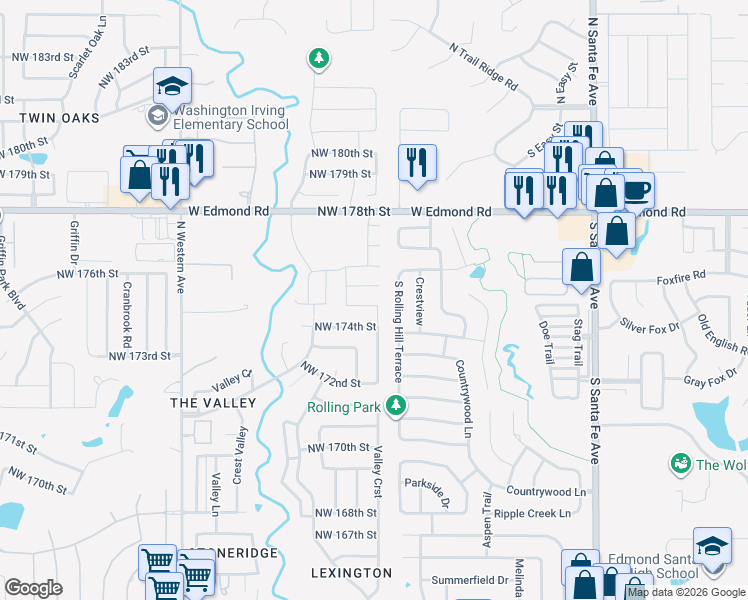 map of restaurants, bars, coffee shops, grocery stores, and more near 500 Northwest 178th Street in Edmond