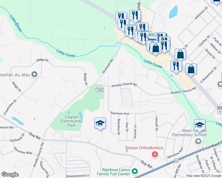 map of restaurants, bars, coffee shops, grocery stores, and more near 1 Feeney Court in Clayton