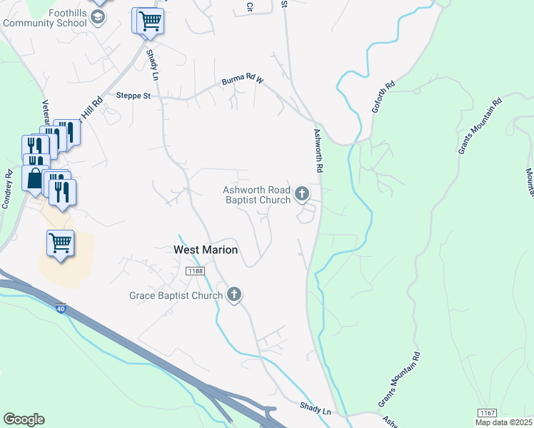 map of restaurants, bars, coffee shops, grocery stores, and more near 405 Dawn Drive in Marion