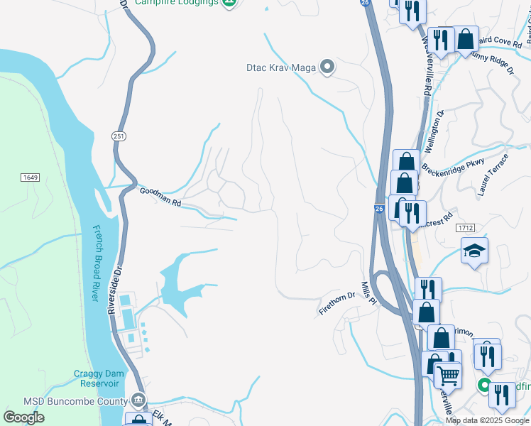 map of restaurants, bars, coffee shops, grocery stores, and more near 74 Altura Parkway in Woodfin