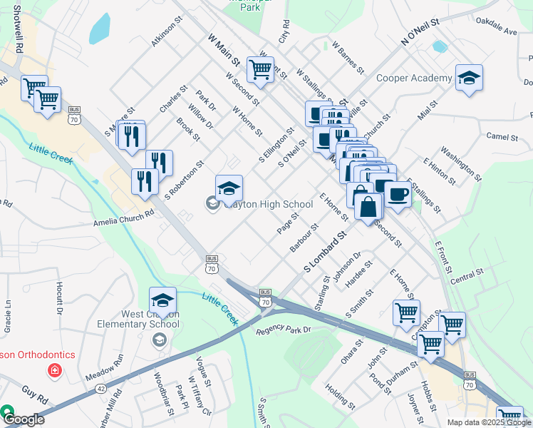 map of restaurants, bars, coffee shops, grocery stores, and more near 111 Penny Street in Clayton