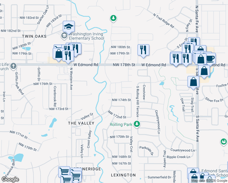 map of restaurants, bars, coffee shops, grocery stores, and more near 17613 Hampton Park Drive in Edmond