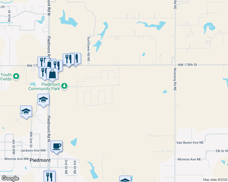map of restaurants, bars, coffee shops, grocery stores, and more near in Piedmont