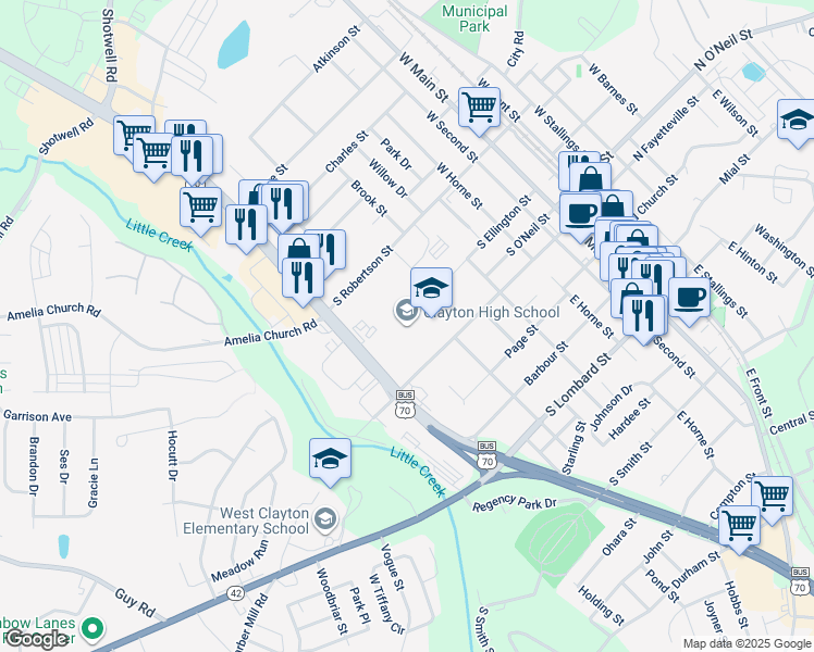 map of restaurants, bars, coffee shops, grocery stores, and more near 600 South Fayetteville Street in Clayton