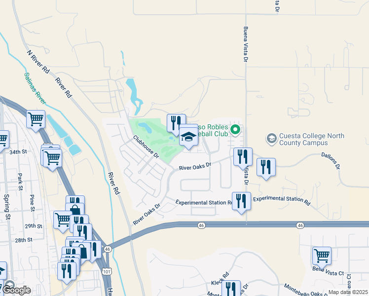 map of restaurants, bars, coffee shops, grocery stores, and more near Schoolhouse Circle in Paso Robles