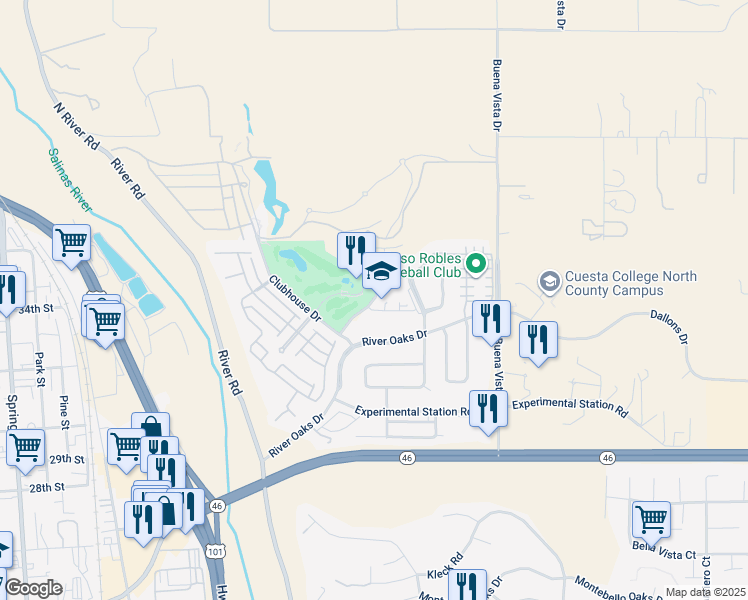 map of restaurants, bars, coffee shops, grocery stores, and more near Schoolhouse Circle in Paso Robles