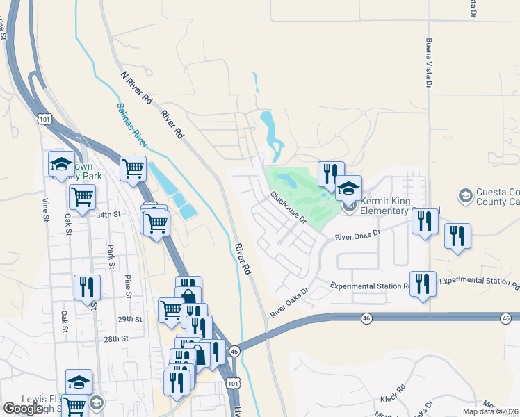 map of restaurants, bars, coffee shops, grocery stores, and more near 2460 Alameda Drive in Paso Robles