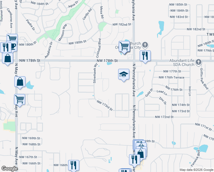 map of restaurants, bars, coffee shops, grocery stores, and more near 17612 Black Hawk Drive in Edmond