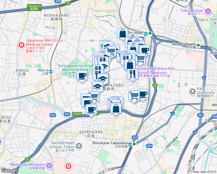map of restaurants, bars, coffee shops, grocery stores, and more near in Minato City