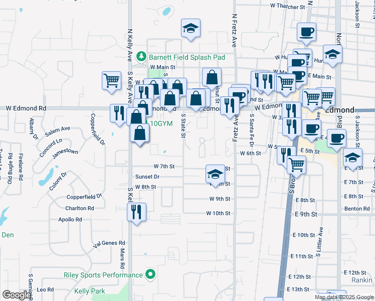 map of restaurants, bars, coffee shops, grocery stores, and more near 512 South State Street in Edmond
