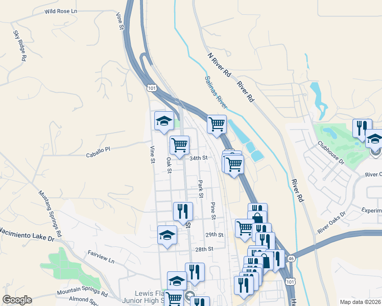 map of restaurants, bars, coffee shops, grocery stores, and more near 3440 Spring Street in Paso Robles