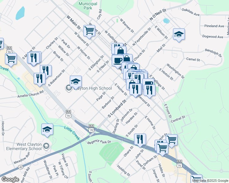 map of restaurants, bars, coffee shops, grocery stores, and more near in Clayton