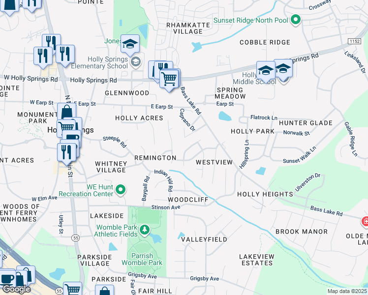 map of restaurants, bars, coffee shops, grocery stores, and more near 212 Peakhill Road in Holly Springs