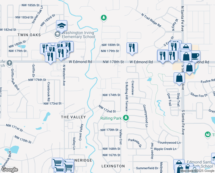 map of restaurants, bars, coffee shops, grocery stores, and more near 17613 Hampton Park Drive in Edmond
