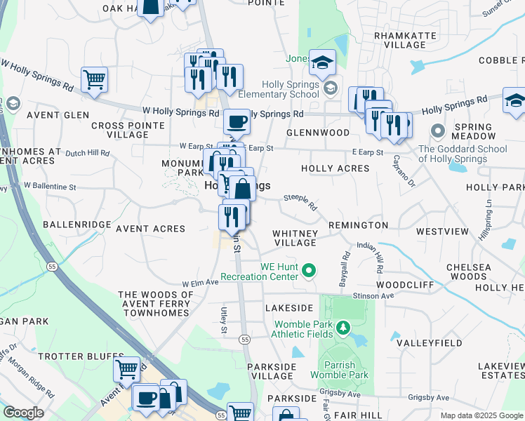 map of restaurants, bars, coffee shops, grocery stores, and more near 408 Vista Springs Circle in Holly Springs