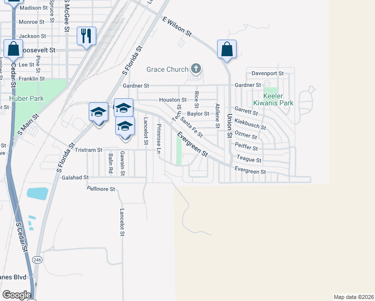 map of restaurants, bars, coffee shops, grocery stores, and more near 657 Evergreen Street in Borger