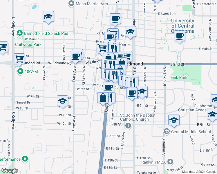 map of restaurants, bars, coffee shops, grocery stores, and more near 421 South Broadway in Edmond