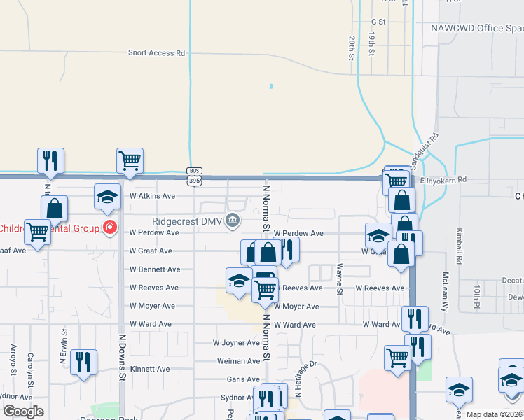 map of restaurants, bars, coffee shops, grocery stores, and more near 509 West Atkins Avenue in Ridgecrest