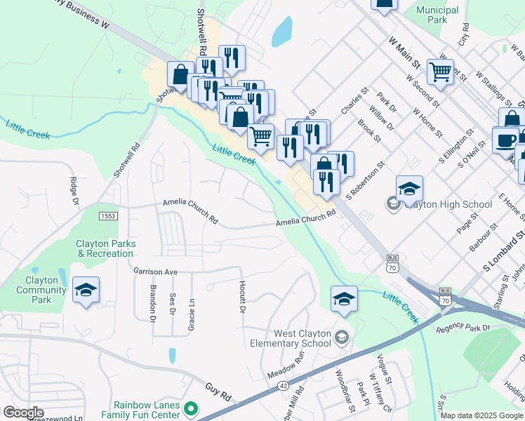 map of restaurants, bars, coffee shops, grocery stores, and more near 246 Kershaw Lane in Clayton