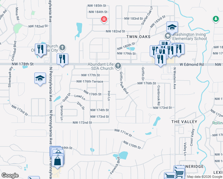 map of restaurants, bars, coffee shops, grocery stores, and more near 17709 Griffin Cove Court in Edmond