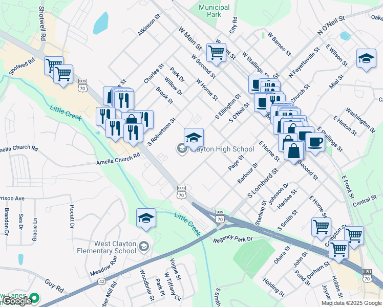 map of restaurants, bars, coffee shops, grocery stores, and more near 600 South Fayetteville Street in Clayton