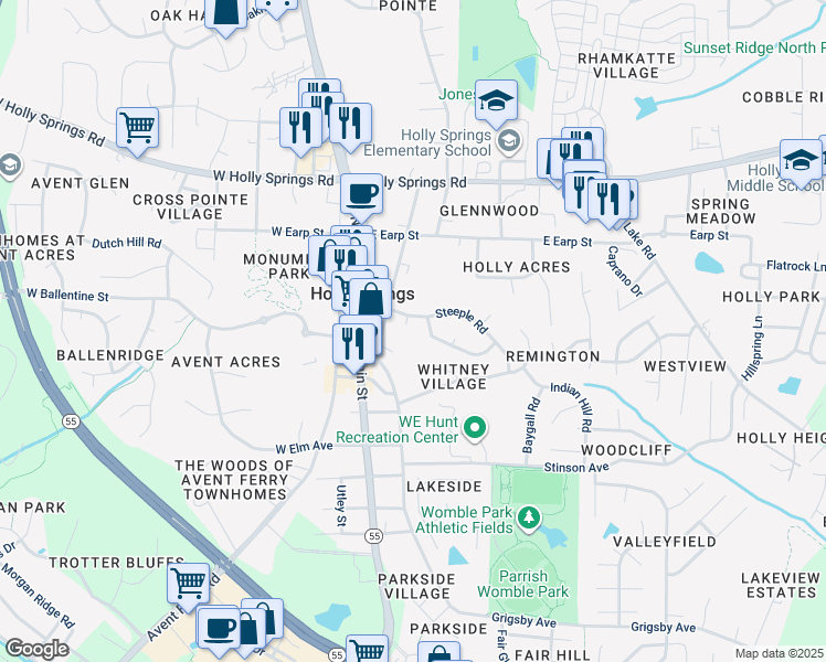 map of restaurants, bars, coffee shops, grocery stores, and more near 405 Vista Springs Circle in Holly Springs