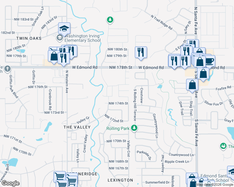 map of restaurants, bars, coffee shops, grocery stores, and more near 17613 Hampton Park Drive in Edmond