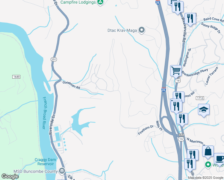 map of restaurants, bars, coffee shops, grocery stores, and more near 81 Altura Parkway in Woodfin