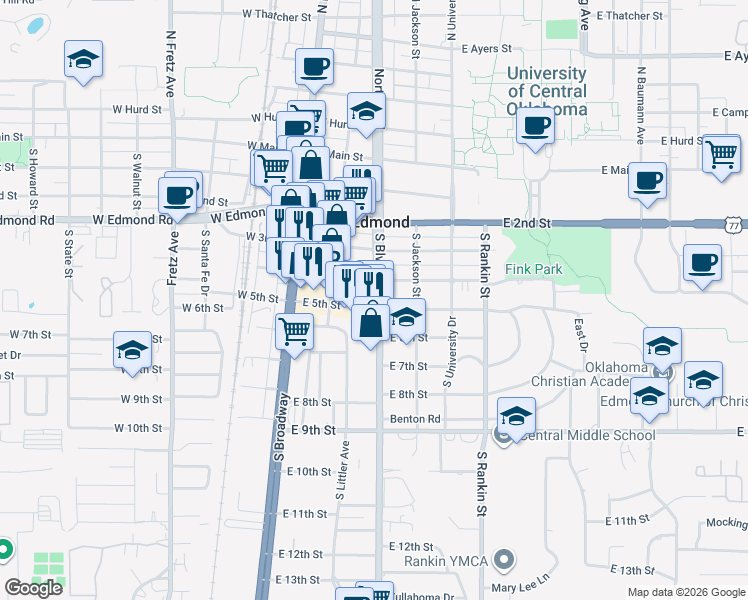map of restaurants, bars, coffee shops, grocery stores, and more near 431 South Boulevard in Edmond