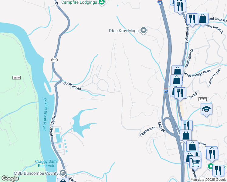 map of restaurants, bars, coffee shops, grocery stores, and more near 81 Altura Parkway in Woodfin