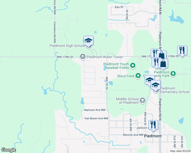 map of restaurants, bars, coffee shops, grocery stores, and more near 1296 9th Street Northwest in Piedmont